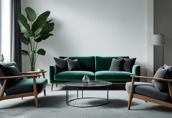 A modern living room with light gray walls and patterned carpeting features a stylish emerald green velvet sofa, two matching chairs, and a round coffee table.
