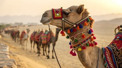Fototapeta premium Photo Majestic Camel Colorful Bridle Desert Oasis ,Camel in desert camel fair festival empty,A camel in the foreground wearing a beautifully decorated, colorful traditional harness adorned PIC