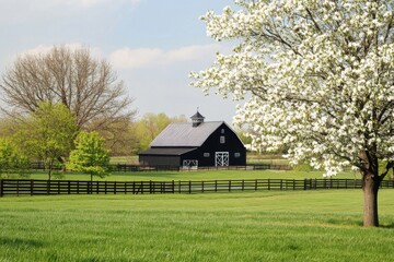 A charming black barn sits nestled among lush green fields and vibrant, blooming trees, creating a picturesque rural landscape that comes alive in the beauty of springtime