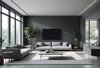 A modern minimalist living room with gray walls and furniture, featuring a large couch, coffee table, TV on the wall, and plants.