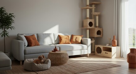 Dog Relaxing in Cozy Bed in Bright Modern Living Room Setting