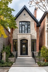Modern residential building featuring stone and brick exterior with large windows surrounded by greenery in an urban neighborhood during daylight