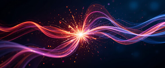 Fototapeta premium Abstract shimmering wavy twisted overlapping lines in red, purple, aqua and white confront each other and collision create glowing sparkling light in a dark blue background, minimalist, quantum techno