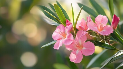 Obraz premium Oleander Blossom: Vibrant Pink Nerium Oleander Flowers Surrounded by Lush Green Foliage