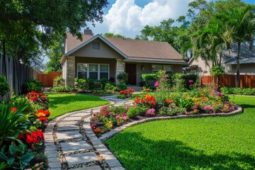 Vibrant, colorful pathways meander through a picturesque garden, guiding the way to an enchanting house enveloped by rich greenery on a bright, sunny day within a tranquil neighborhood