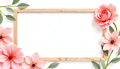Fototapeta premium Romantic illustration with wooden frame and hand-painted paper flowers