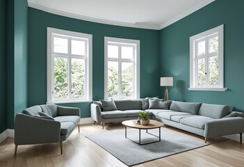 A modern living room with teal walls and white trim features three large windows that allow natural light to pour in.