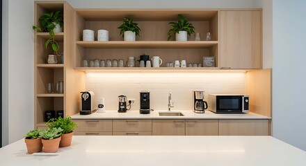 Fototapeta premium High-Tech Startup Office: Sleek Kitchenette & Coffee Bar Ideas for Convenience 