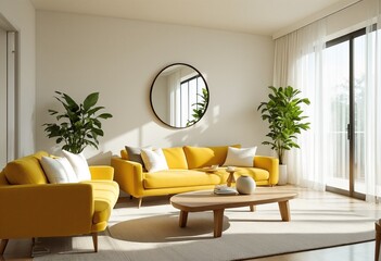 A modern minimalist living room with yellow furniture and natural light.