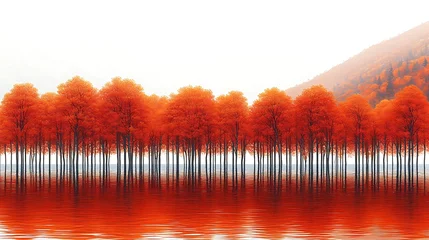 Selbstklebende Fototapeten A vibrant autumn forest reflecting in a calm lake, with fiery red, orange, and yellow foliage framing the scene. © Nosheen