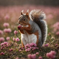 Obraz premium A squirrel holding an acorn in a dreamy pink meadow.