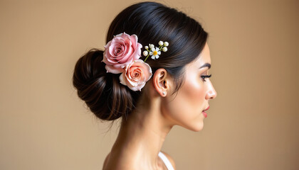 Naklejka premium A stylish bridal hairstyle featuring detailed floral arrangements with vibrant, colorful flowers. The warm tones complement the woman's brown hair styled in a fashionable, romantic updo