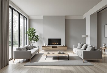 Modern Light Gray Living Room with Large Windows and Fireplace: A Contemporary Space for Relaxation.