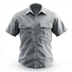 gray, short-sleeved, button-down shirt, with visible texture and detail, and simple, classic button-down collar and chest pockets