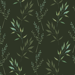 Seamless pattern with watercolor illustrations of various herbs. Seamless texture with hand-drawn green branches. Ideal for wedding, birthday, seasonal holidays.