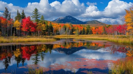 Naklejka premium Autumnal Reflection: Majestic Mountain and Colorful Forest Mirror in Tranquil Lake