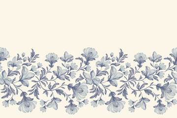 Vintage floral ethnic tapestry modern embroidery texture boho design vector illustration hand drawn silhouette indigo blue flower motif branches leaves wallpaper seamless background border.