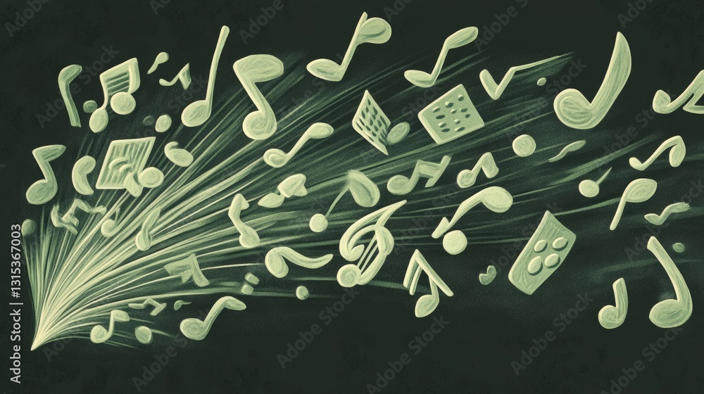 Poster dynamic explosion of musical notes on green canvas.
