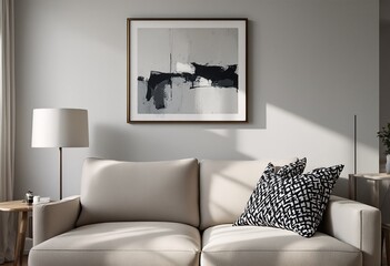 Minimalist Modern Living Room with Beige Couch and White Walls.