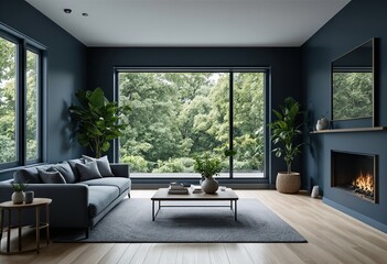 Fototapeta premium A modern living room with a gray couch and large windows.