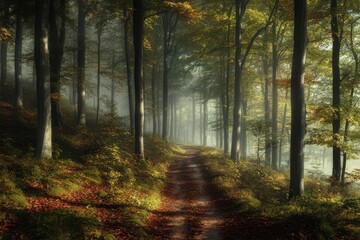 Obraz premium Serene forest path with autumn foliage in early morning mist