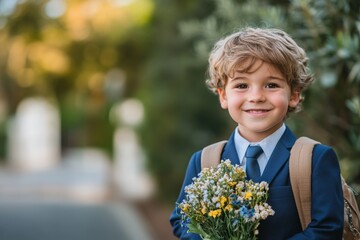 Fototapeta premium Young boy in formal attire holding a bouquet and smiling on a sunny day in a garden