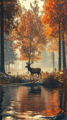 Autumn Serenity with Deer by the River