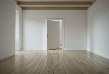 An empty room with white walls and light-colored wood floors.