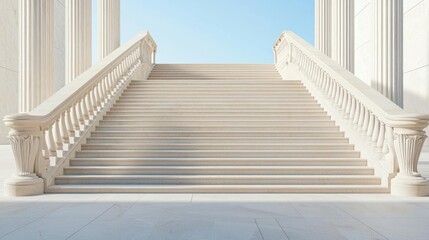 White Stone Staircase Leading Upward With Columns and Balustrade Under Blue Sky
