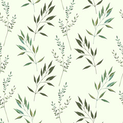 Seamless pattern with watercolor illustrations of various herbs. Seamless texture with hand-drawn green branches. Ideal for wedding, birthday, seasonal holidays.