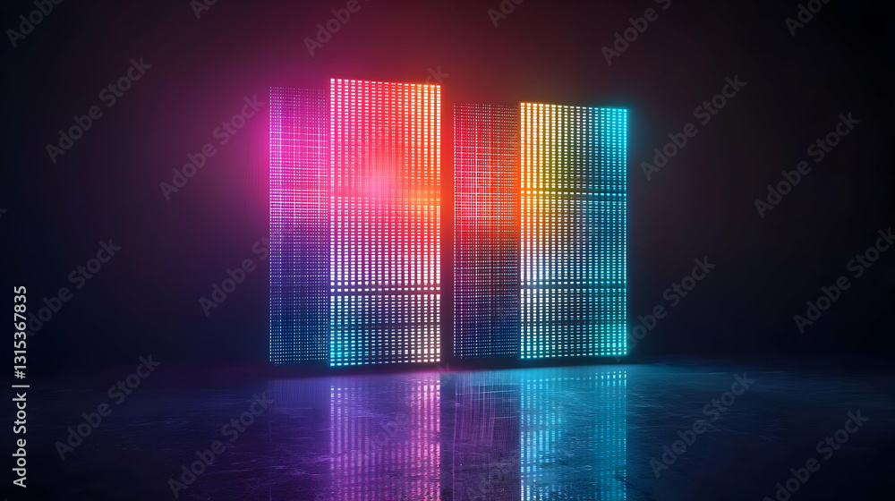 Poster two vibrant neon light grid structures with colorful reflections on a dark wet floor digital art 3d 