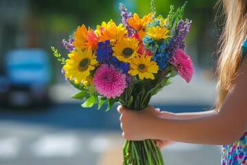 Brightly colored flower bouquet held by a child on a sunny day in an urban setting
