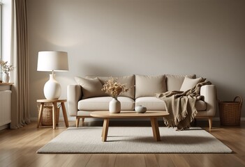 Modern Living Room with Neutral Tones and Minimalist Decor Featuring a White Sofa, Wooden Coffee Table, and Beige Rug.