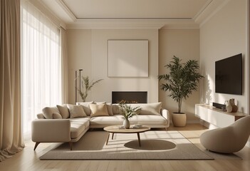 A modern living room with light-colored wood floors and white walls, featuring a beige sectional sofa, a flat-screen TV on a wall-mounted entertainment center, and a fireplace with a black surround.