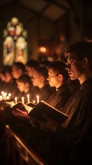 Obraz premium Choir members holding candles while singing in a dimly lit chapel during a religious ceremony at night