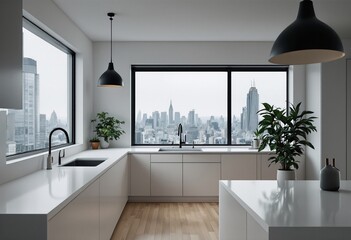 A modern minimalist kitchen with white countertops and cabinets, large windows offering a view of the city skyline.