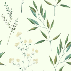 Seamless pattern with watercolor illustrations of various herbs. Seamless texture with hand-drawn green branches. Ideal for wedding, birthday, seasonal holidays.