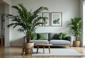 The living room is decorated with green plants and light wood furniture.