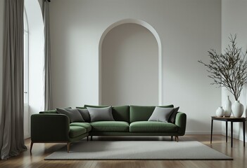 A Modern Living Room with Green Couch and White Walls.