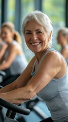 Obraz premium Joyful senior woman thrives in vibrant spinning class environment