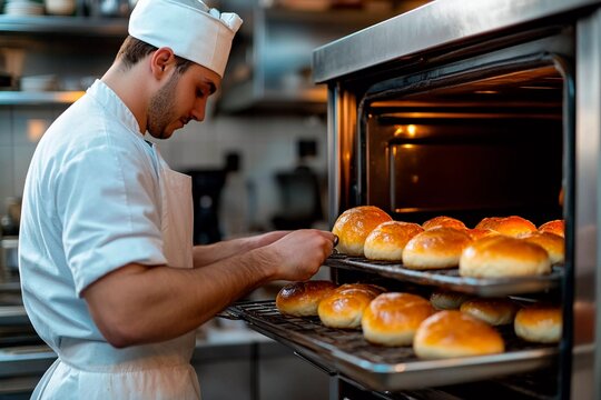 A baker inspects steaming rolls in an industrial oven, showcasing his culinary skills in a bustling kitchen during the afternoon shifts. Delicious aromas fill the air