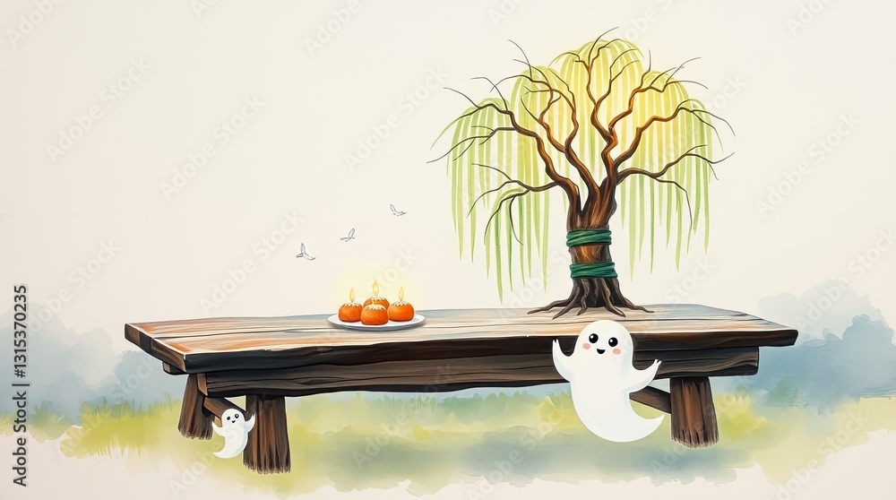 Poster two friendly ghosts playfully appear around a wooden table at night with a glowing tree and candles 