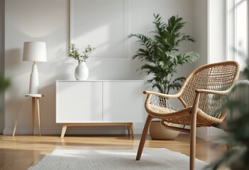 The image shows a modern living room with white walls and furniture, featuring a wicker chair, a white side table, a white cabinet, a lamp, a potted plant, and a rug on a wooden floor.