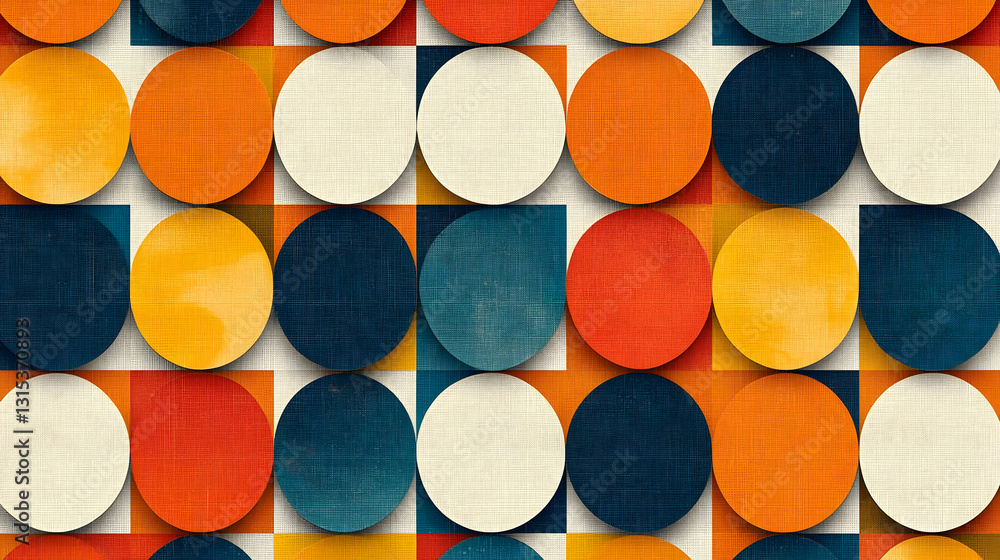 Poster vivid overlapping circles and squares in orange blue and white with textured background