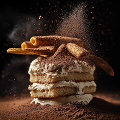 Obraz premium Delicious Tiramisu Dessert Exploding in Cocoa