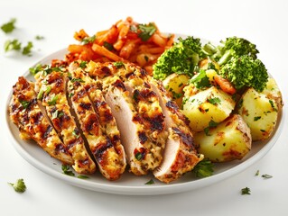 Juicy broiled chicken breast accompanied by fluffy mashed potatoes for a satisfying and flavorful meal experience