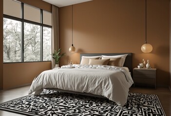 A modern bedroom with a large bed and patterned rug.
