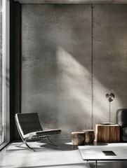 A minimalist modern space with concrete and metal accents