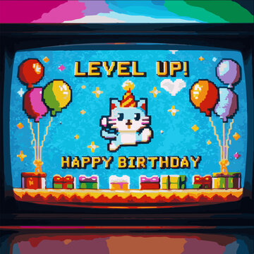 A birthday card in pixel art style with the inscription "Level up!, Happy birthday". Vector graphics. EPS.