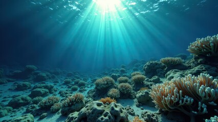 Fototapeta premium Underwater coral reef with sunlight filtering through clear ocean water 